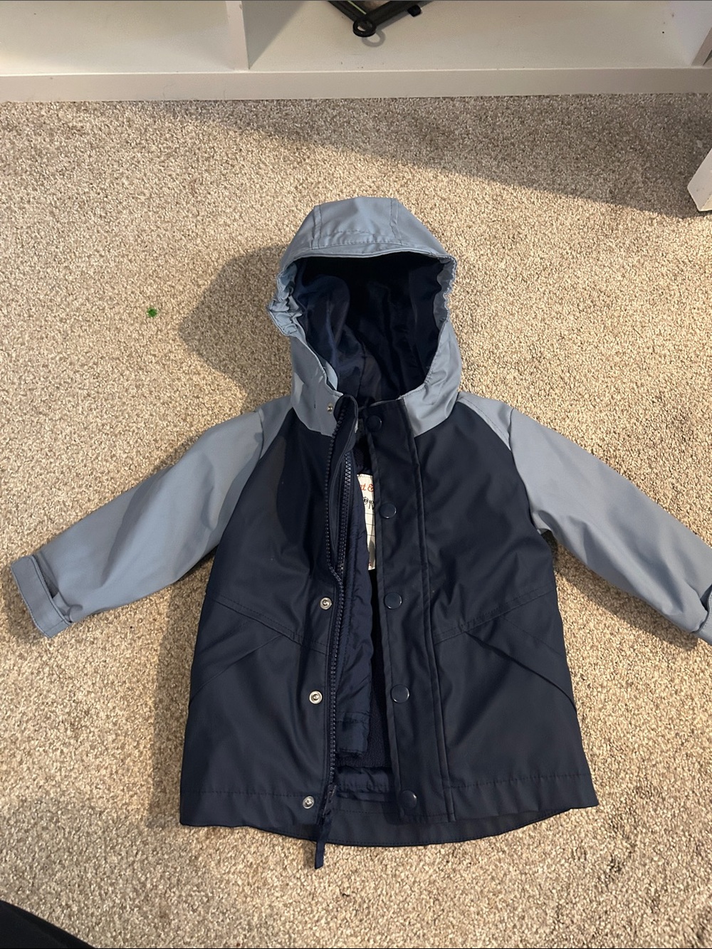 Cat and Jack Two-Tone Hooded Raincoat in Navy and Light Blue